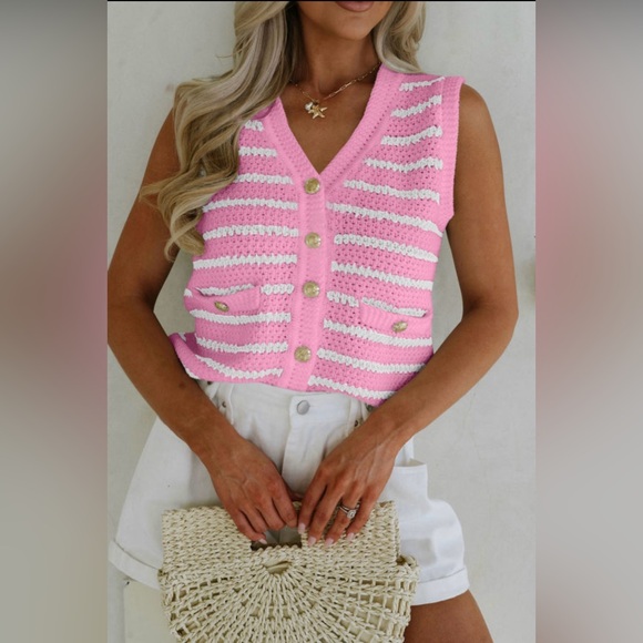 Tops - Caitlyn- Pink and White Striped Knit Vest